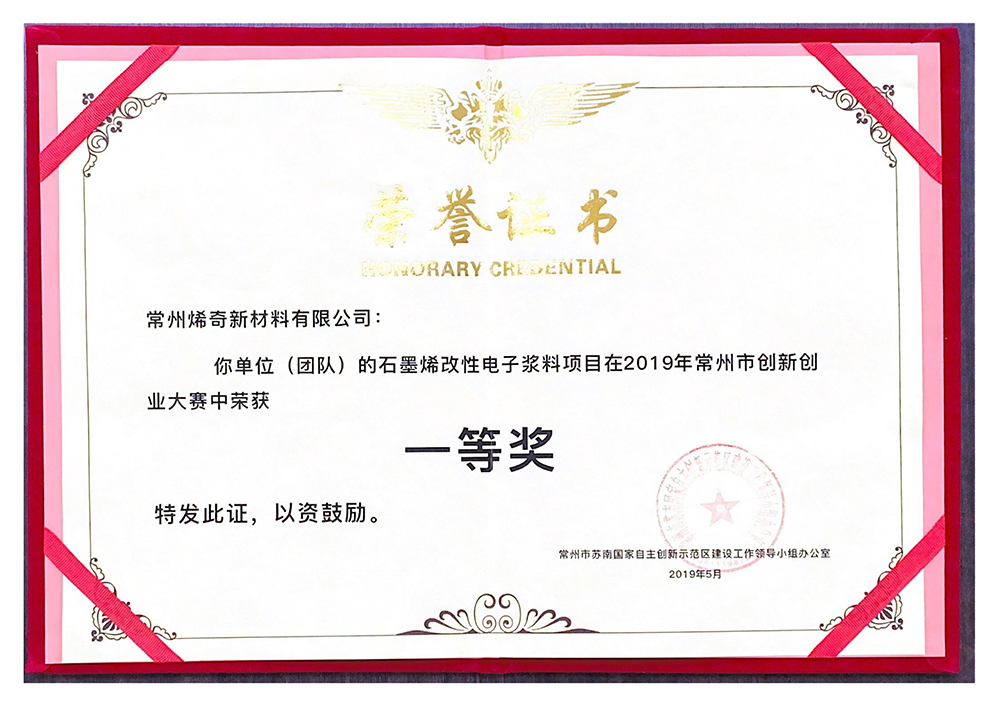 2019年常州市創新創業大賽一等獎——證書