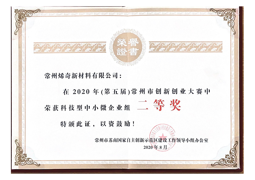 2020年常州市創新創業大賽二等獎——證書